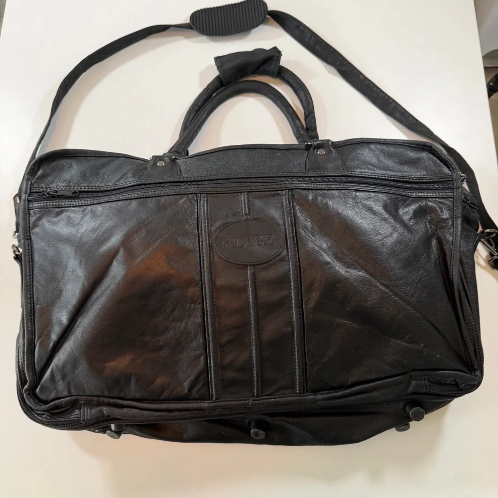 Kluge Black Leather Weekender Travel Bag Carry On Expandable Laptop Briefcase